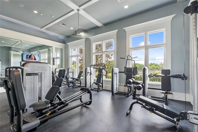 4365 Frontera Ln, Wesley Chapel, FL 33543 - gym with recessed lighting, visible vents, and coffered ceiling