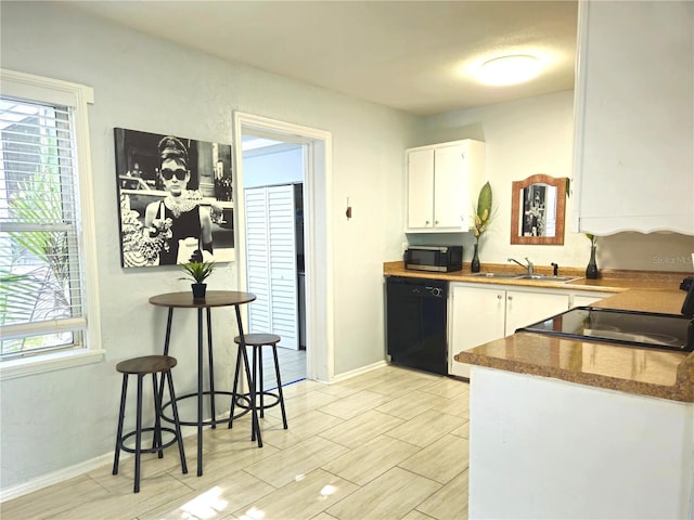 3545 7th Ave N, Saint Petersburg, FL 33713 - kitchen with baseboards, wood finish floors, white cabinetry, black appliances, and a sink