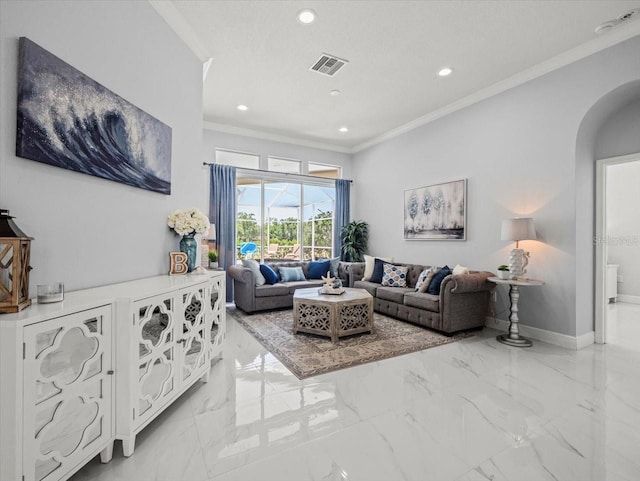 1084 Berkshire Ln, Tarpon Springs, FL 34688 - living room featuring recessed lighting, ornamental molding, arched walkways, light marble finish flooring, and baseboards