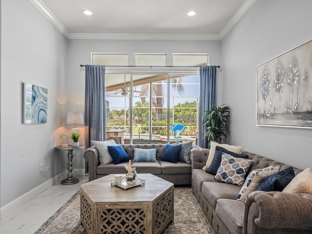 1084 Berkshire Ln, Tarpon Springs, FL 34688 - living area with marble finish floors, recessed lighting, baseboards, crown molding, and ceiling fan
