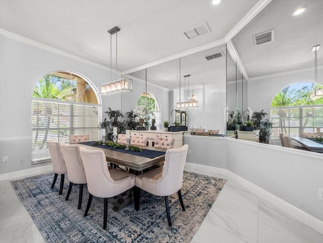 1084 Berkshire Ln, Tarpon Springs, FL 34688 - dining area featuring marble finish floors, crown molding, healthy amount of natural light, baseboards, and recessed lighting