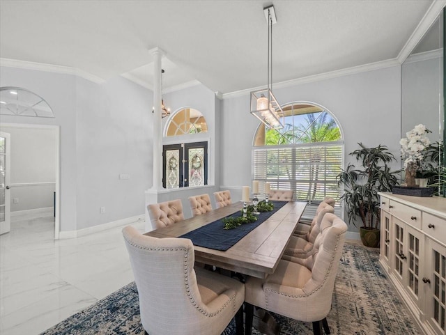 1084 Berkshire Ln, Tarpon Springs, FL 34688 - dining space with marble tiled floors, a chandelier, ornamental molding, and baseboards
