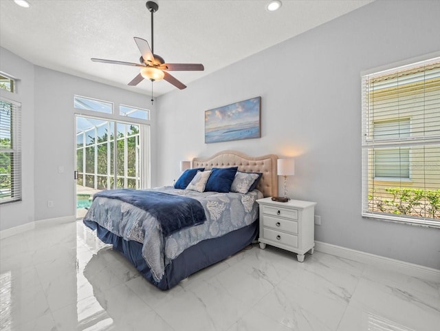 1084 Berkshire Ln, Tarpon Springs, FL 34688 - bedroom with access to outside, light marble finish flooring, baseboards, recessed lighting, and a ceiling fan