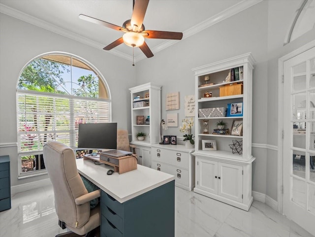 1084 Berkshire Ln, Tarpon Springs, FL 34688 - office space featuring light marble finish floors, a ceiling fan, ornamental molding, and baseboards