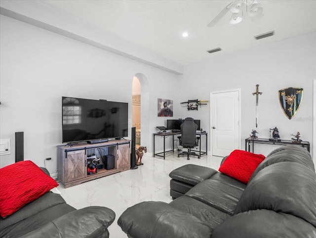 1084 Berkshire Ln, Tarpon Springs, FL 34688 - living room with marble finish flooring, arched walkways, an office area, a ceiling fan, and recessed lighting