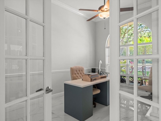 1084 Berkshire Ln, Tarpon Springs, FL 34688 - office with light marble finish floors, crown molding, a ceiling fan, and baseboards
