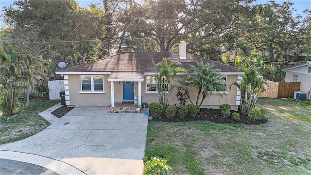 single story home with a front lawn, central air condition unit, concrete driveway, stucco siding, and fence
