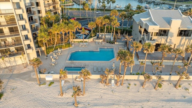 exterior space with a water view