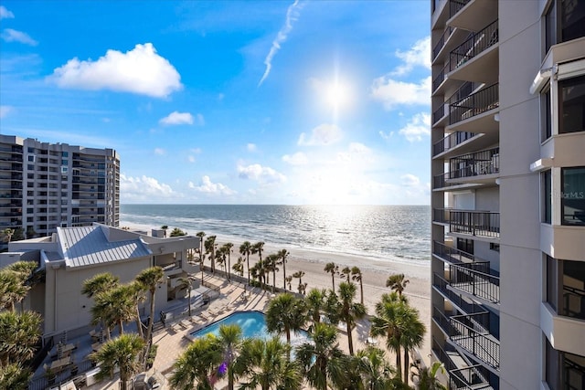 view of water feature with a beach view