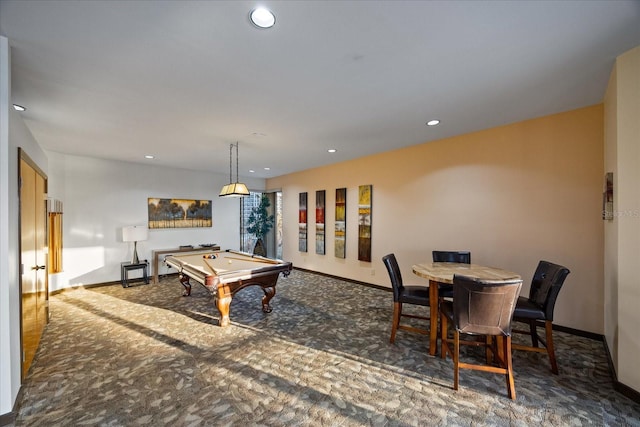 playroom with carpet flooring, baseboards, billiards, and recessed lighting