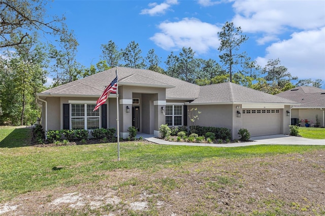view of front facade featuring concrete driveway, stucco siding, an attached garage, a front yard, and a shingled roof
