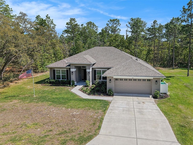 single story home with a shingled roof, stucco siding, an attached garage, and a front lawn