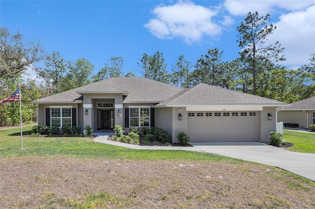 ranch-style home with a garage, stucco siding, a shingled roof, and a front lawn