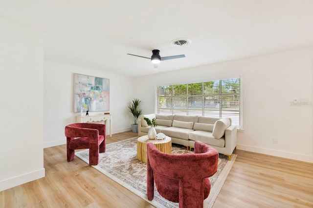 1886 San Mateo Dr, Dunedin, FL 34698 - living area featuring light wood-style flooring, visible vents, a ceiling fan, and baseboards