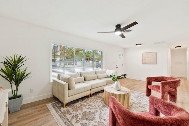 1886 San Mateo Dr, Dunedin, FL 34698 - living area with light wood-style floors, visible vents, a ceiling fan, and baseboards