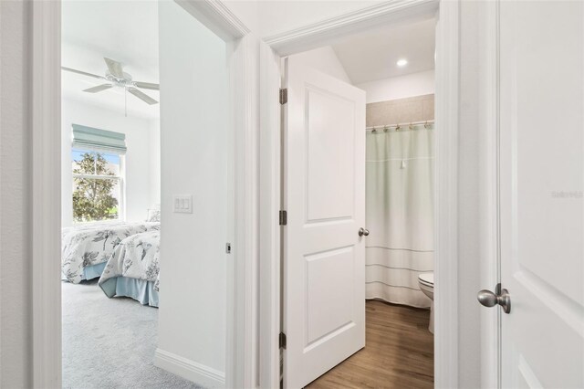 hallway with carpet flooring, baseboards, and wood finished floors