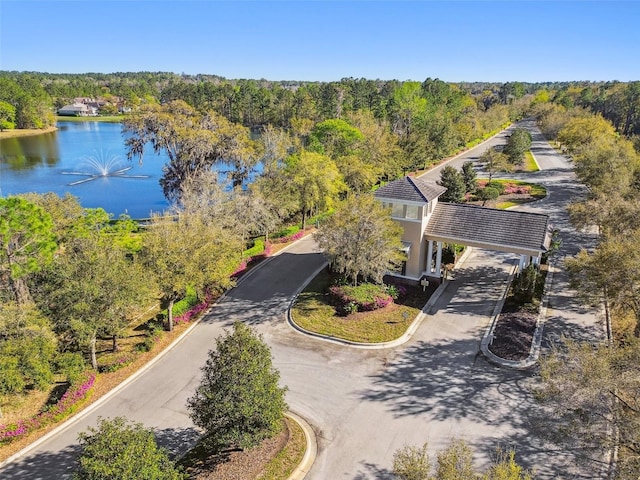 bird's eye view featuring a water view and a forest view