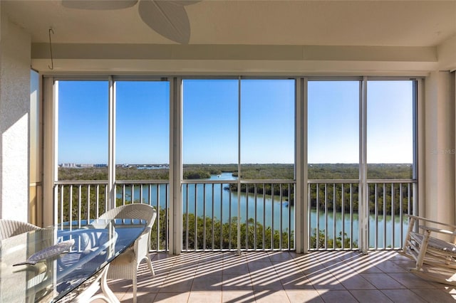 sunroom with a water view