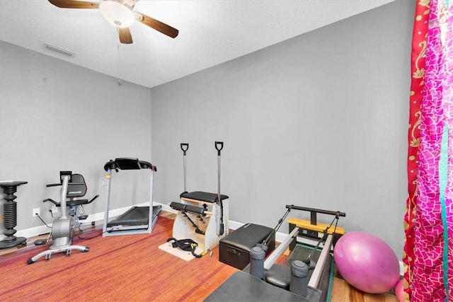 5807 Thoreau Pl, Lithia, FL 33547 - exercise room featuring ceiling fan, wood finished floors, and baseboards
