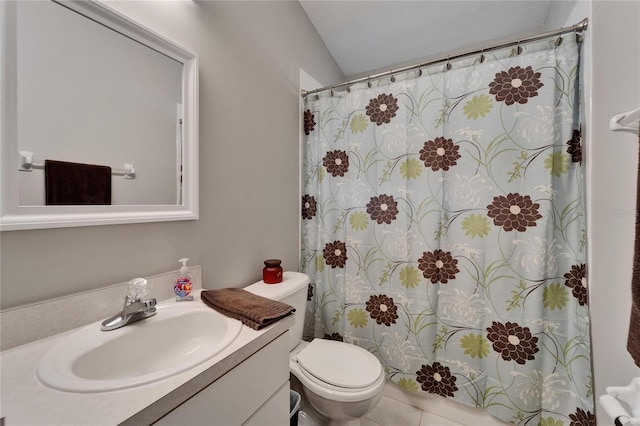11626 Pure Pebble Dr, Riverview, FL 33569 - bathroom with vanity, toilet, and lofted ceiling
