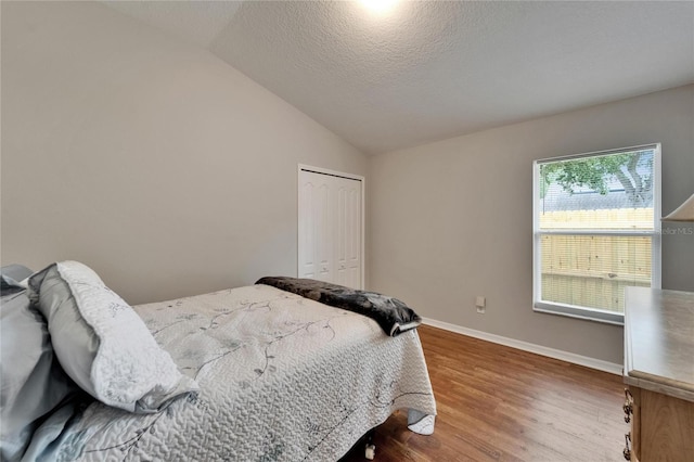 11626 Pure Pebble Dr, Riverview, FL 33569 - bedroom featuring lofted ceiling, wood finished floors, a closet, baseboards, and a textured ceiling