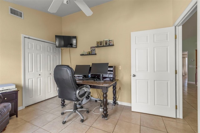 tiled office with a ceiling fan, baseboards, and visible vents