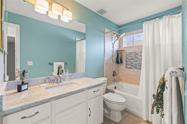 bathroom featuring shower / tub combo with curtain, vanity, toilet, tile patterned floors, and visible vents
