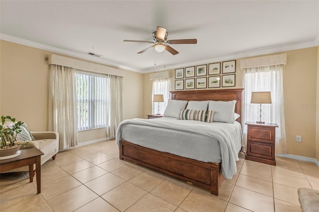 bedroom with visible vents, ornamental molding, baseboards, and light tile patterned floors