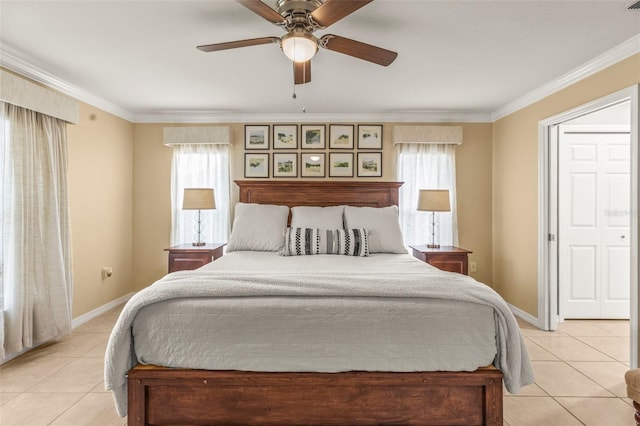 bedroom with light tile patterned floors, baseboards, and ornamental molding