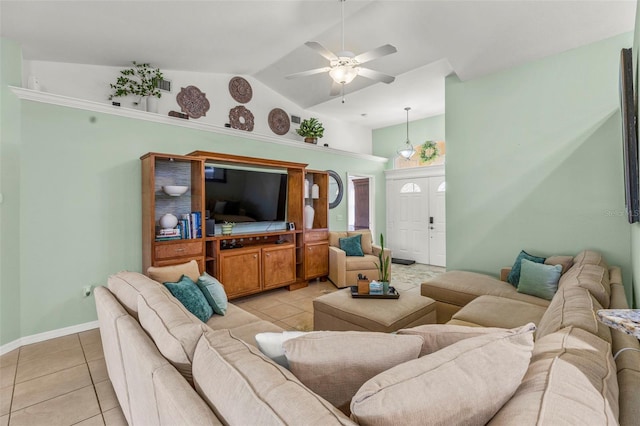 living room with light tile patterned flooring, baseboards, a ceiling fan, and visible vents