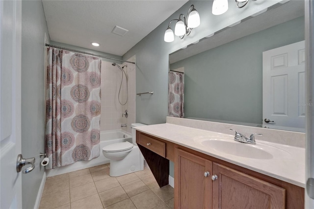 bathroom with toilet, tile patterned floors, vanity, and shower / bath combination with curtain