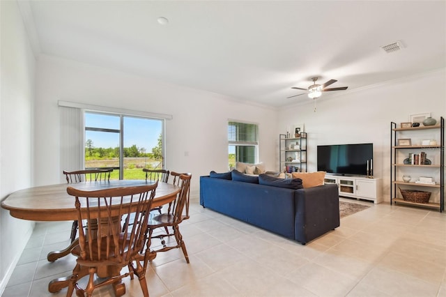 8953 Gallantree Pl, Land O Lakes, FL 34637 - living room with ornamental molding, ceiling fan, light tile patterned flooring, and visible vents