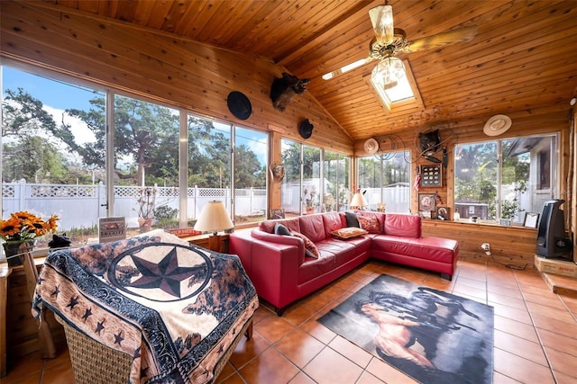 8115 N Ola Ave, Tampa, FL 33604 - tiled living room with ceiling fan, wooden ceiling, and lofted ceiling with skylight