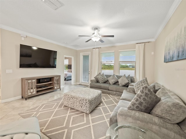 tiled living area featuring ceiling fan, visible vents, ornamental molding, and baseboards