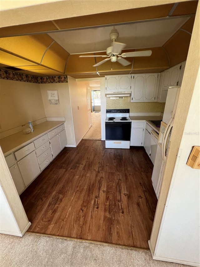 4715 Bay St NE Unit 235, Saint Petersburg, FL 33703 - kitchen with light countertops, a ceiling fan, white appliances, dark wood finished floors, and under cabinet range hood
