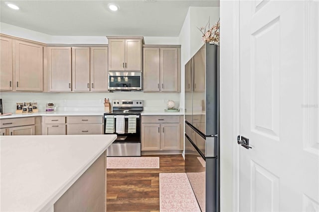 kitchen with recessed lighting, dark wood-type flooring, light countertops, and appliances with stainless steel finishes