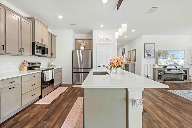 kitchen with a sink, visible vents, dark wood finished floors, and stainless steel appliances