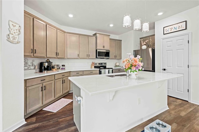 kitchen featuring dark wood finished floors, a center island with sink, a sink, and appliances with stainless steel finishes