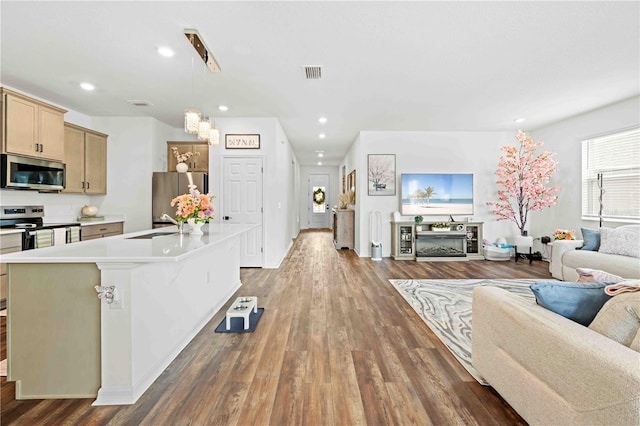 kitchen with visible vents, open floor plan, light countertops, appliances with stainless steel finishes, and wood finished floors