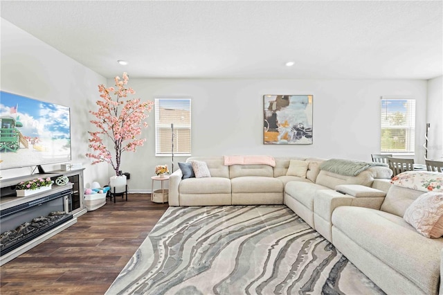 living area featuring recessed lighting, baseboards, and dark wood finished floors