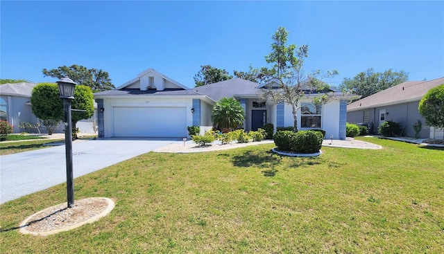 single story home featuring a garage, driveway, and a front lawn