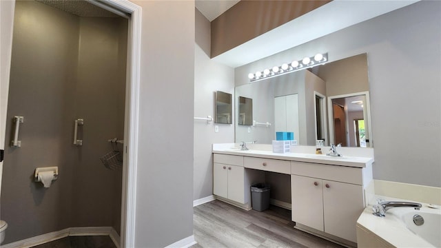 full bathroom with toilet, wood finished floors, double vanity, and a sink