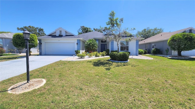 ranch-style home with an attached garage, a front lawn, and concrete driveway