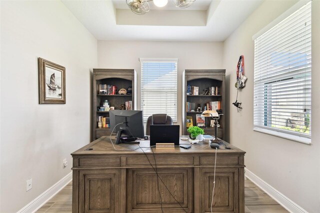 19325 Hawk Valley Dr, Tampa, FL 33647 - office area with a notable chandelier, light wood-style flooring, and baseboards
