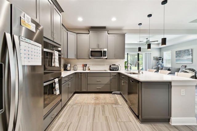 19325 Hawk Valley Dr, Tampa, FL 33647 - kitchen with a sink, stainless steel appliances, gray cabinets, a peninsula, and open floor plan
