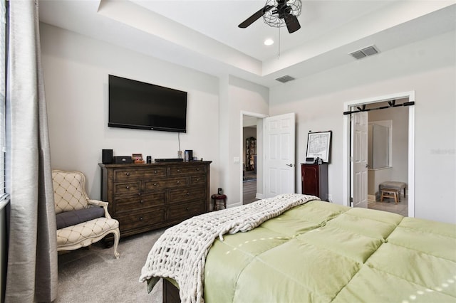 19325 Hawk Valley Dr, Tampa, FL 33647 - carpeted bedroom featuring a raised ceiling, visible vents, recessed lighting, and a ceiling fan