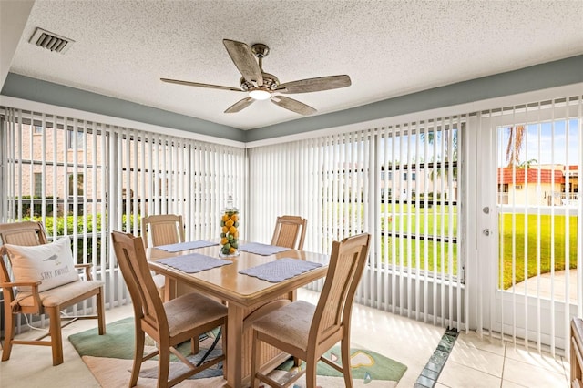 101 Dogwood Cir, Seminole, FL 33777 - dining room featuring a textured ceiling, ceiling fan, visible vents, and light tile patterned floors