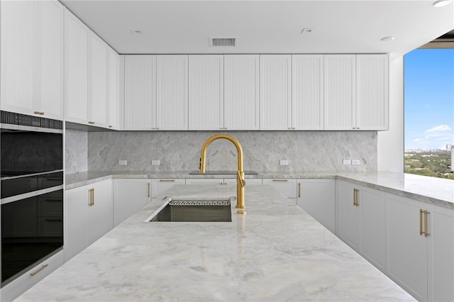 2912 W Santiago St Unit 1401, Tampa, FL 33629 - kitchen featuring light stone countertops, a sink, white cabinetry, backsplash, and visible vents