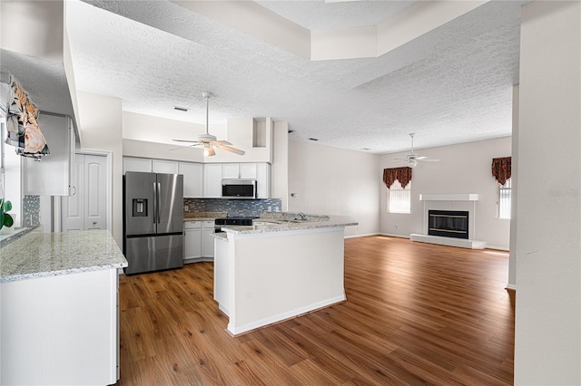 2803 Bent Leaf Dr, Valrico, FL 33594 - kitchen featuring stainless steel appliances, ceiling fan, a glass covered fireplace, wood finished floors, and a textured ceiling