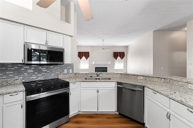 2803 Bent Leaf Dr, Valrico, FL 33594 - kitchen featuring appliances with stainless steel finishes, a ceiling fan, a sink, a tile fireplace, and a textured ceiling